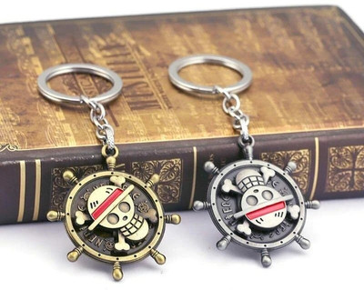 Jainsburys One Piece Anime Manga Ship Wheel Spinning Silver & Golden (Pack of 2) Keychain Key Chain