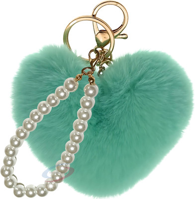 iAccessories Fluffy Faux Fur Pearl Heart Pom Pom Charm Keyring for Girls Bags Bike Car Key Chain