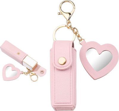 maycreate Lipstick Holder Keychain PU Case with Heart Mirror Pink Key Chain