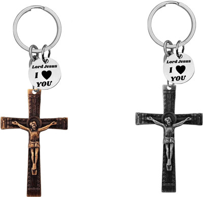 M Men Style Jesus cross Keychain Set with ‘Lord Jesus I Love You’ Charm Keychains Com665-667 Key Chain