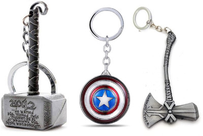 ZYZTA Combo of Thor Stormbreaker(Axe) & Hammer With Captain America Silver Shield Key Chain
