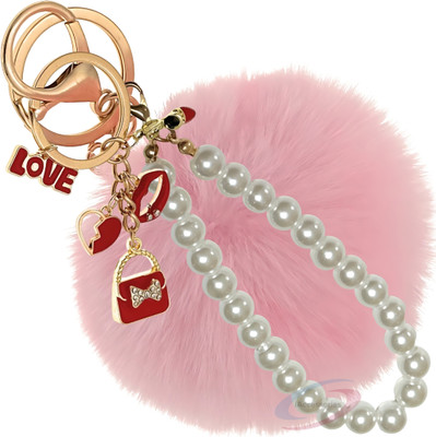 iAccessories Pink Faux Fur Pom Pom Keychain with Pearl for Girls' Bags & Wallets Key Chain