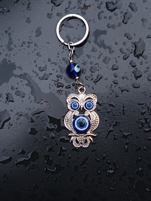 Tritra Evil Eye Owl, Blue and Silver, Decorative Key Ring with Lucky Charm Design Key Chain