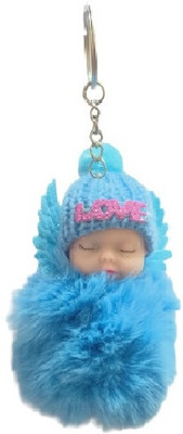 LEOPACK Cute Sleeping Blue Baby Angel Doll Keychain Pompom Fluffy Fur Soft Toy Gift Key Chain