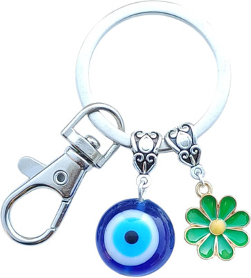 Kumar Handicraft Evil Eye Keychain Flower Charm, Blue Glass Evil Eye Bead, Silver Lobster Clasp Key Chain