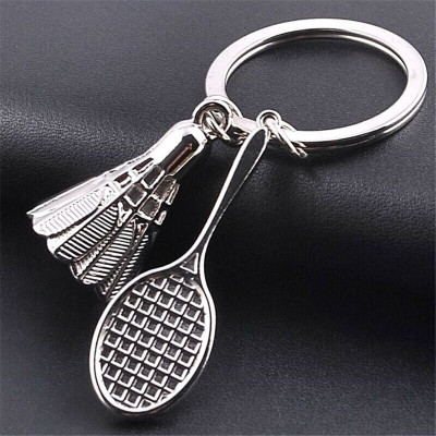 ABEL Badminton racket & Ball metal Silver keychain Key Chain