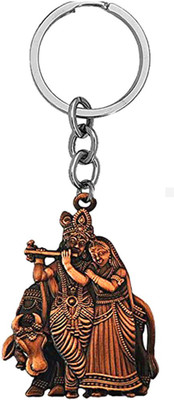 AFH Shri Radha Krishna Cow Copper Idol Keychain for Gifting, Good Luck Key Chain