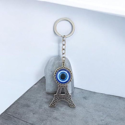 Shilpmart Eiffel Tower Keychain with Evil Eye Charm, Antique Silver Finish, Blue Glass Key Chain