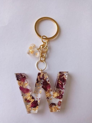 SnipNclip Crafts W alphabet resin Keychain with real rose petals preserved and heart Key Chain