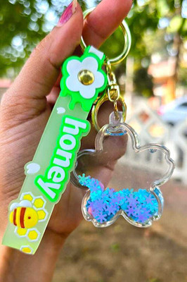 OFM Unique Transparent Flower Designed With Buckle & Belt Liquid Filled Blue Key Chain