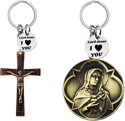 M Men Style Jesus cross & Virgin Mary Keychains with ‘Lord Jesus I Love You’Charm Com665-627 Key Chain