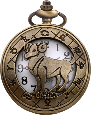 Classic Quirk Gandhi Style Vintage Zodiac Sign Theme Aries Cutout Pocket Watch Key Chain