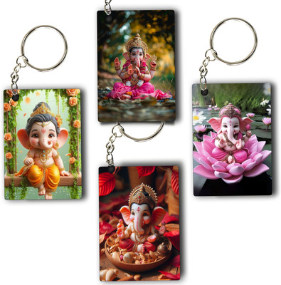 ASvik Creation Premium Ganesha 2 Printed Keychain (Pack of 4) For Bike, Scooty, Car, Acrylic Key Chain