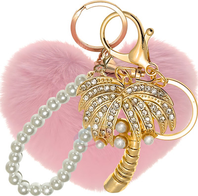 iAccessories Faux Fur Heart Palm Tree Keychain with Pearl Loop & Crystals – Pink Key Chain