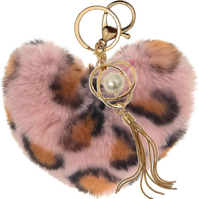 iAccessories Fluffy Soft Faux Fur Pompom Heart Fashionable Pearl Tassel Pendant Charm Pink Key Chain
