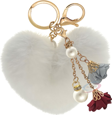 iAccessories Fluffy Faux Fur Pearl Roses Pom Pom Heart Charm Key Chain