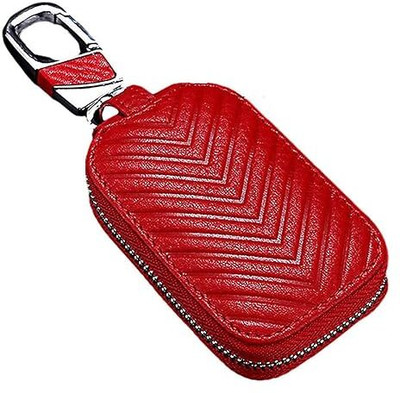 Augen Leather Car SmartKey C Holder Keyring Zipper Bag Remote KeyFob (Pack of 1) Red Key Chain