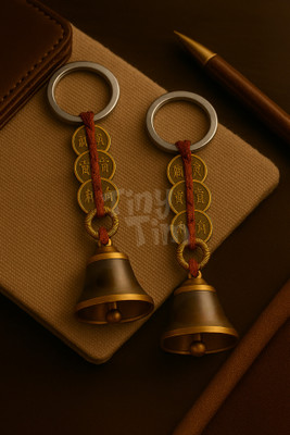 Tiny Tim Pair of Feng Shui Coin Guardian Bells Keychain – Antique Brass Charm Key Chain