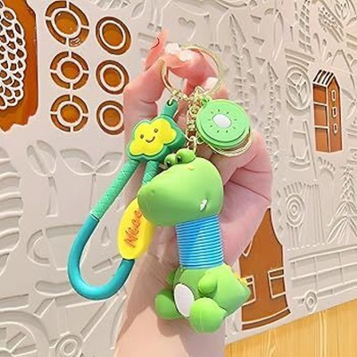 Radhya Accessories 1 Pc Expandable Cute Cartoon Dino Keychain for Kids Stretchable Silicon Keyring Key Chain
