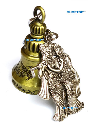 Meeko.com Gold Guardian Bell with Radha krishna Metal Key Chain Good Luck QW-01 Key Chain