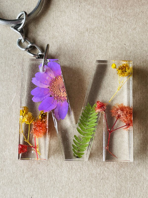 crafcan Resin Letter M Keychain | Real flower preserved in resin to last forever. Key Chain