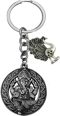 AFH Lord Ganesha Lucky Peacock Charm Grey Metal Key Chain for Men and Women Key Chain
