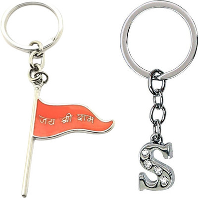 Newview S Alphabet Jai Shree Ram Flag Metal Keychain and Keyring (Orange) Key Chain