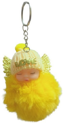 LEOPACK Cute Sleeping Yellow Baby Angel Doll Keychain Pompom Fluffy Fur Soft Toy Gift Key Chain