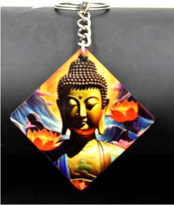 AFH Meditating Lord Buddha Idol Religious Square Wooden Keychain for Men and Women Key Chain