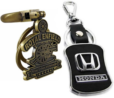 FLAMBE New_Combo OF Golden Royal Enfield & Honda Logo Leather Hook Keychain Key Chain