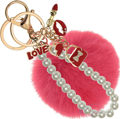 iAccessories Rose Faux Fur Pom Pom Keychain with Pearl Charm for Bags & Wallets Key Chain