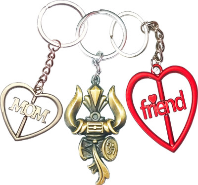 KV Fashion Lord Shiva Trishul Bead Damru With MOM & Friend Rotating Heart Design Key Chain