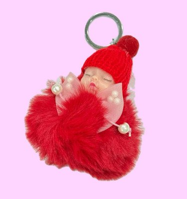 SHRI JI Cute Sleeping Furry Baby doll with cap RED Key Chain