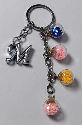MOREL M ALPHABET KEYCHAIN WITH COLORIZED SHINING STAR DRIFTING GLASS 4 BOTTLE ROUND. Key Chain