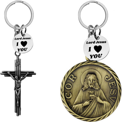 M Men Style Jesus cross & Sacred Heart Keychains with‘Lord Jesus I Love You’Charm Com670-624 Key Chain