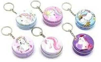 Gold Leaf Unicorn Design Metal Round Box With Key Chain Pack Of 12 Multicolors Key Chain