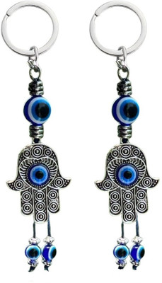 BLUE BEADS Blue and Silver Evil Eye Hamsa Hand Keychain For Bike/Car Pack of 2 Key Chain