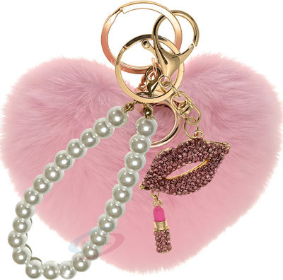 iAccessories Pink Faux Fur Heart Keychain with Pearl & Diamond Lips Charm for Girls Key Chain