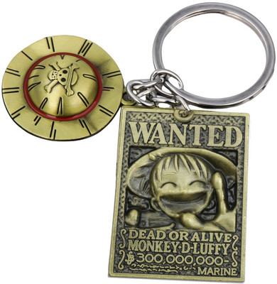 Store2508 Metal One Piece Keychain Monkey D Luffy Wanted Keyring Rustic Look Golden Bronze Key Chain