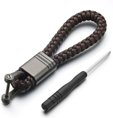 CONTACTS Brown Braided Keychain Leather Strap Keychain PU Rope Keyring with Zinc Alloy Key Chain