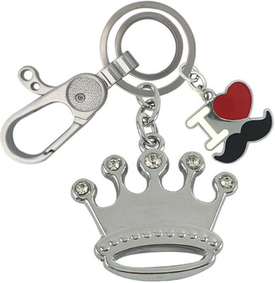 HANDSOME ISK Beautiful & Durable Silver Diamond Crown With I Love Mustache Locking Lock Key Chain