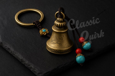 Classic Quirk Brass Bird Guardian Bell Keychain | Rope Loop & Beads Charm Key Chain