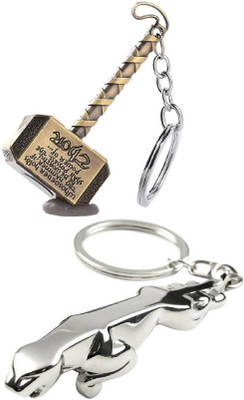 kd collections KD477 - Avengers Infinity War Stormbreaker Mjolnir Thor Hammer Keychain & Jaguar Keychain Combo (Golden Silver) Key Chain
