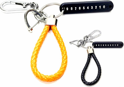 ADOREAL LEATHER ROPE METALLIC KEYCHAIN AND KEYRING COMBO PACK WITH MOBILE NUMBER PLATE Key Chain