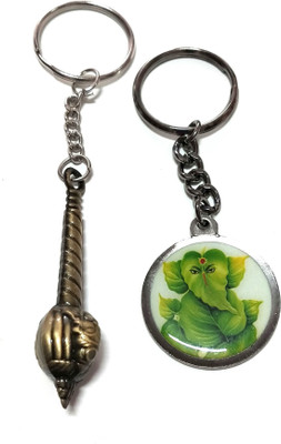 Meeko.com Keychain-3 Sided Gada With Leaf Ganesha Key chain Key Chain