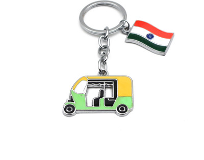 Rolimoli Stainless steel Parrot Green Auto Rickshaw With Tiranga | Flag Keychain Key Chain
