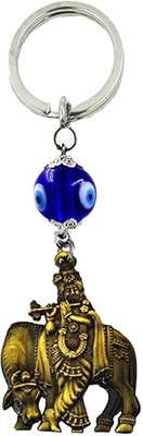 AFH Lord Krishna with Cow Idol Evil Eye Religious Bronze Keychain for Men and Women Key Chain