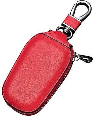 Augen Leather Car Smart Key Holder Keyring Zipper Bag Remote Key Fob (Pack of 1) Red Key Chain