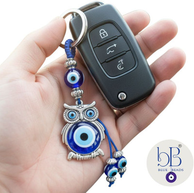 BLUE BEADS Owl Evil Eye Car Keychain for Protection & Good Luck | Blue Nazar Key Ring Key Chain