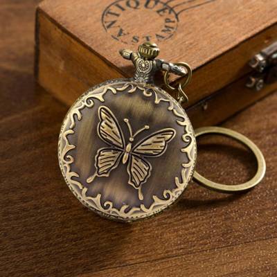 GT Gala Time Premium Vintage Butterfly Theme Designer Analog Gandhi Style Round Dial Quartz Antique Pocket Watch Key Chain Car Bike Key Chain Gift for Men & Woman Bronze Metal Pocket Watch Chain